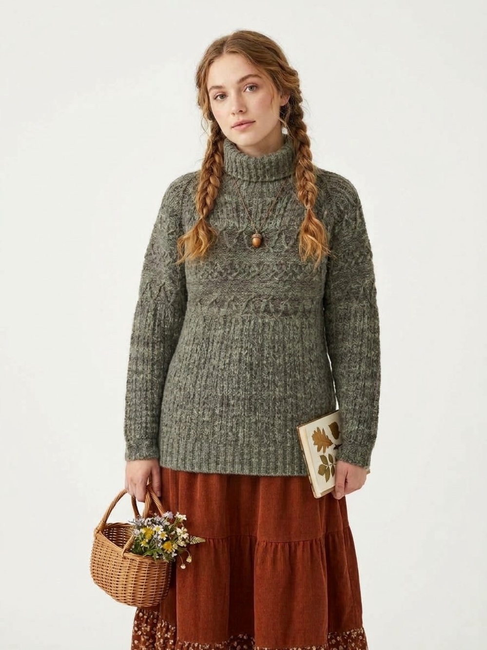 Goblincore Oversized Cable Knit Sweater Earthy Mock Neck Chunky Fishermancore